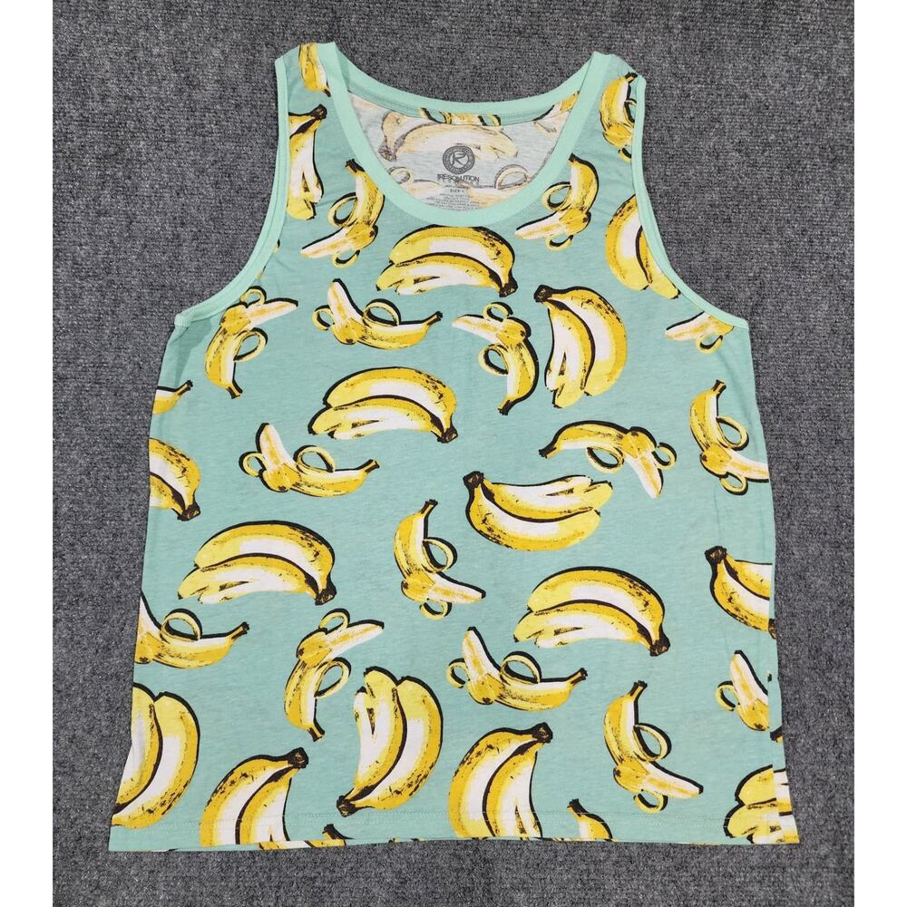 One Resolution Mens L, Aqua Tank Top with Banana Graphic Allover Print